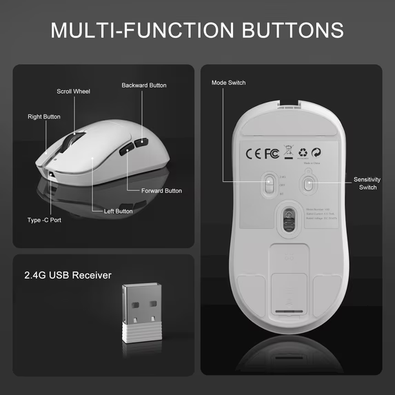 Tri-Mode White Wireless Gaming Mouse