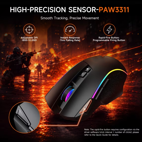 Tri-Mode RGB Wireless Wired Gaming Mouse